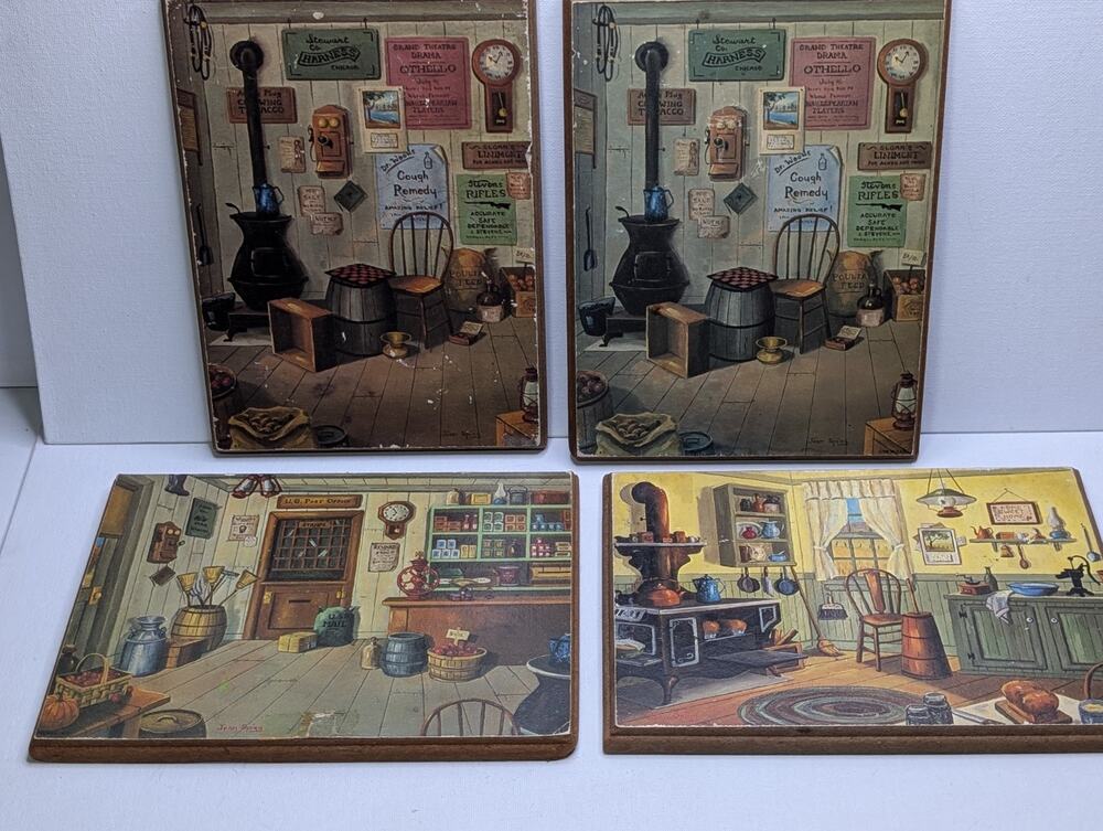 Vintage Jean Spiry Wood Wall Plaques Lot 4 Country Store Kitchen Folk Art Decor